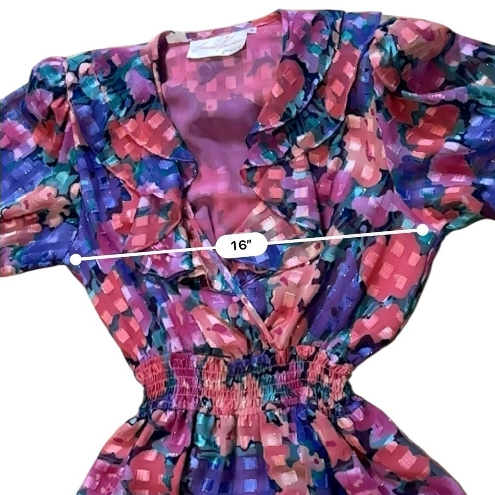 VINTAGE 80's Susan Tudor Pink Floral Midi Dress Pleated Cottagecore Ruffle S - Picture 11 of 14